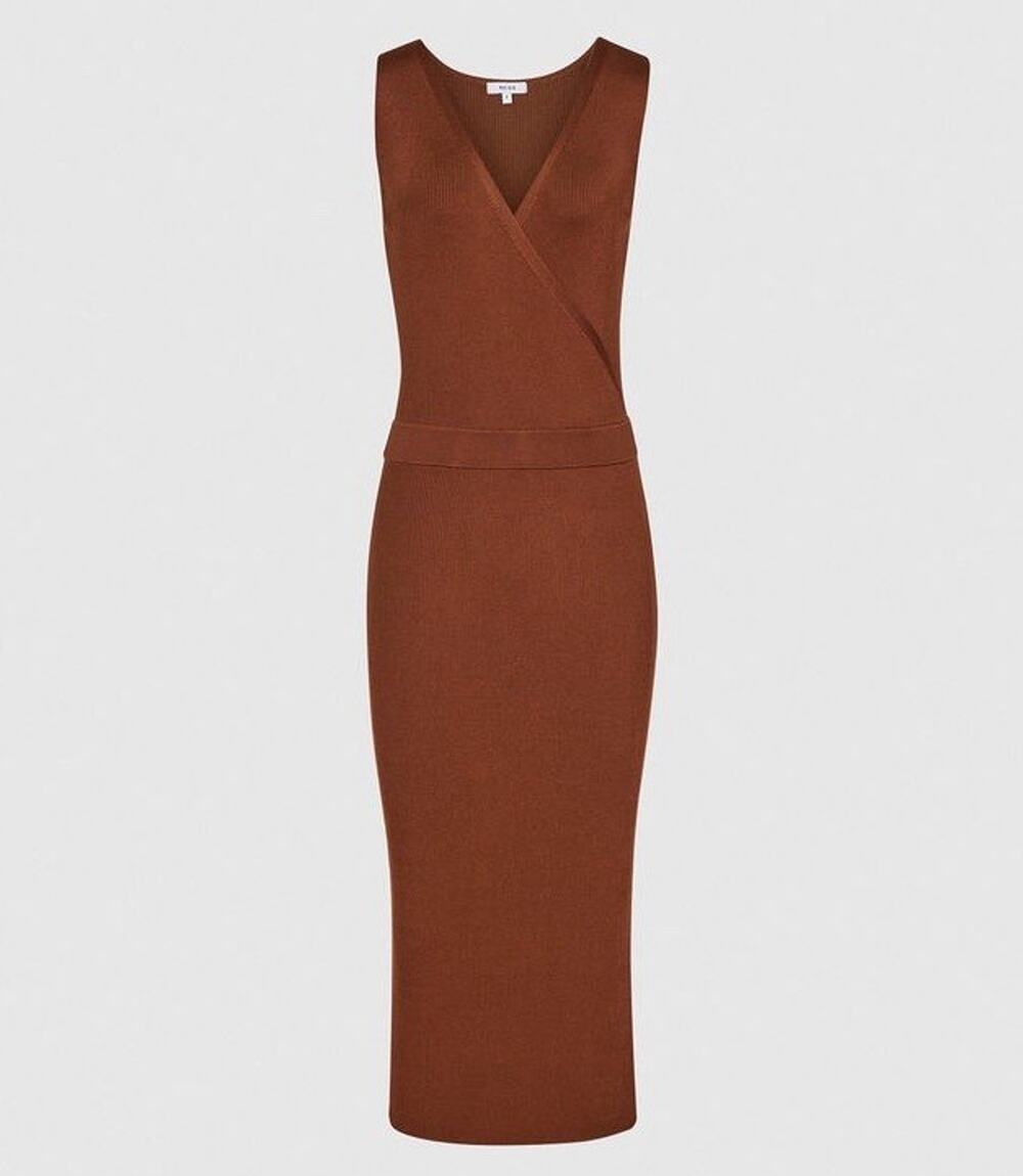 NWT Reiss Katy Knitted Bodycon Midi Dress Rust Sleeveless Size L